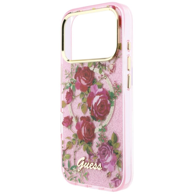 Husa iPhone 17 Pro originala Guess IML Glitter Blossom Roses MagSafe, roz, GUHMP18L6HTBGSLP