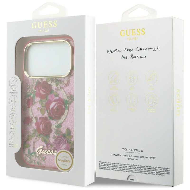 Husa iPhone 17 Pro originala Guess IML Glitter Blossom Roses MagSafe, roz, GUHMP18L6HTBGSLP
