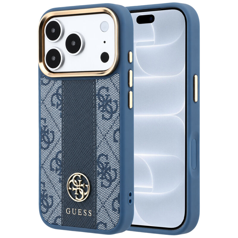 Husa Guess iPhone 18 Pro Leather 4G Stripe Round Classic Logo MagSafe, albastru, GUHMP18L6P4G4RCB