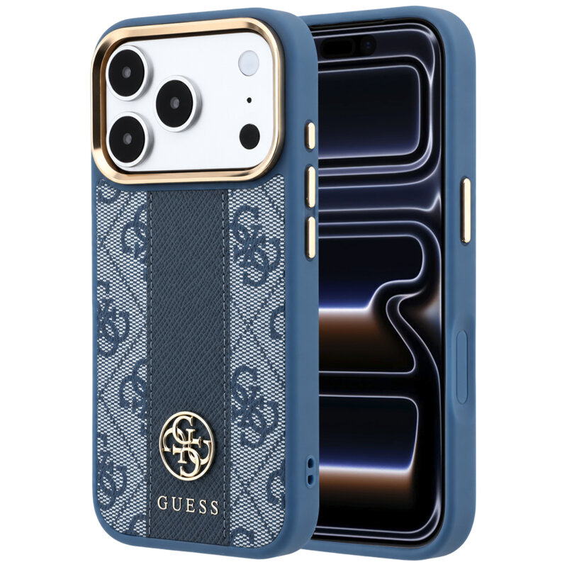 Husa Guess iPhone 17 Pro Leather 4G Stripe Round Classic Logo MagSafe, albastru, GUHMP18L6P4G4RCB