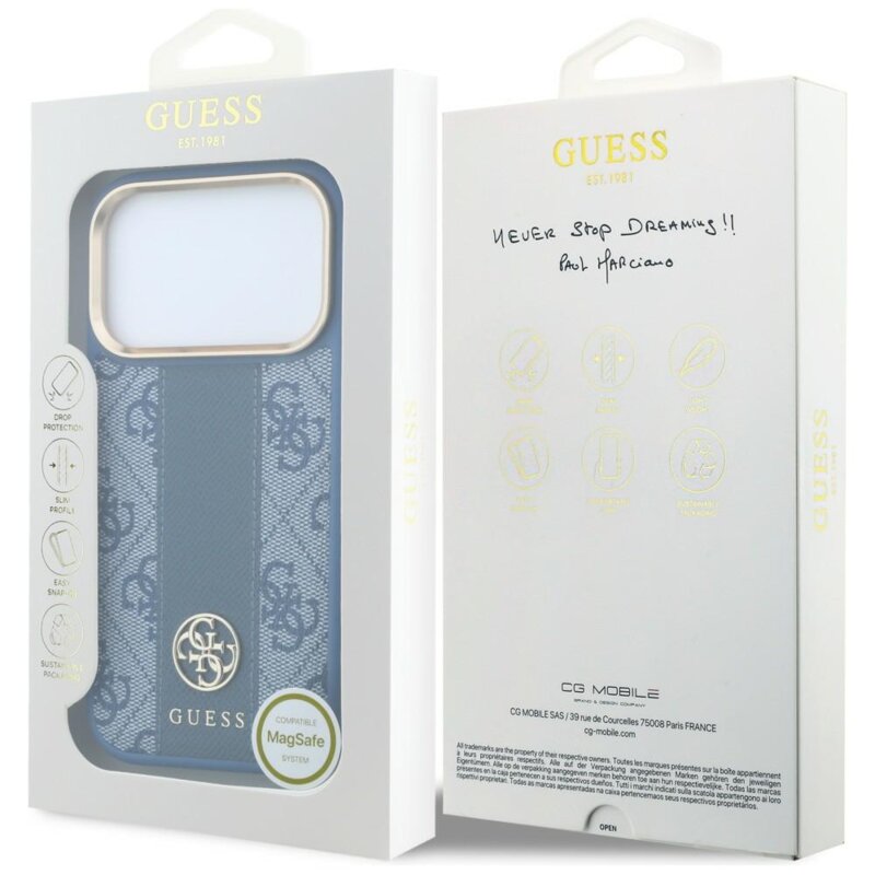 Husa Guess iPhone 17 Pro Leather 4G Stripe Round Classic Logo MagSafe, albastru, GUHMP18L6P4G4RCB