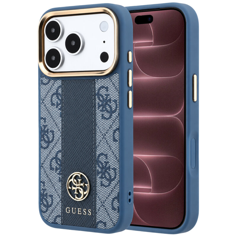 Husa Guess iPhone 18 Pro Max Leather 4G Stripe Round Classic Logo MagSafe, albastru, GUHMP18X6P4G4RCB