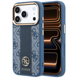Husa Guess iPhone 17 Pro Max Leather 4G Stripe Round Classic Logo MagSafe, albastru, GUHMP18X6P4G4RCB