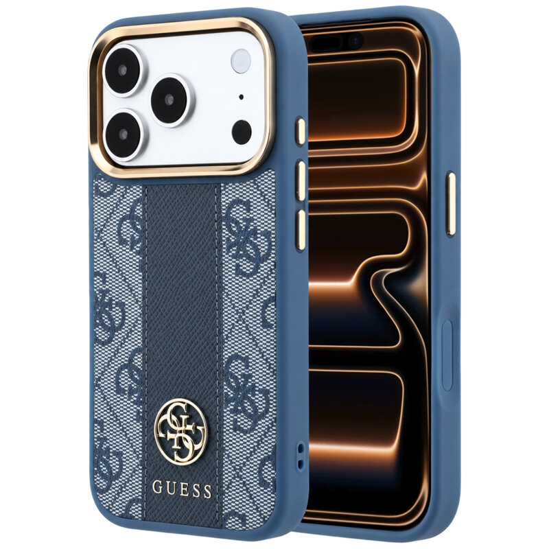 Husa Guess iPhone 17 Pro Max Leather 4G Stripe Round Classic Logo MagSafe, albastru, GUHMP18X6P4G4RCB