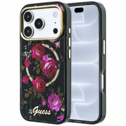 Husa iPhone 18 Pro originala Guess IML Glitter Blossom Roses MagSafe, negru, GUHMP18L6HTBGSLK