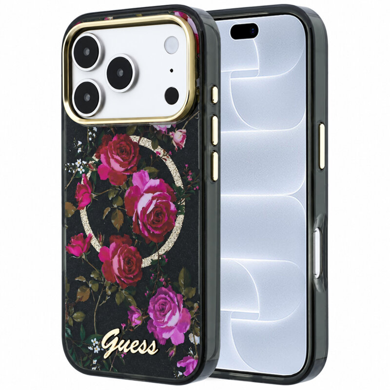 Husa iPhone 18 Pro originala Guess IML Glitter Blossom Roses MagSafe, negru, GUHMP18L6HTBGSLK
