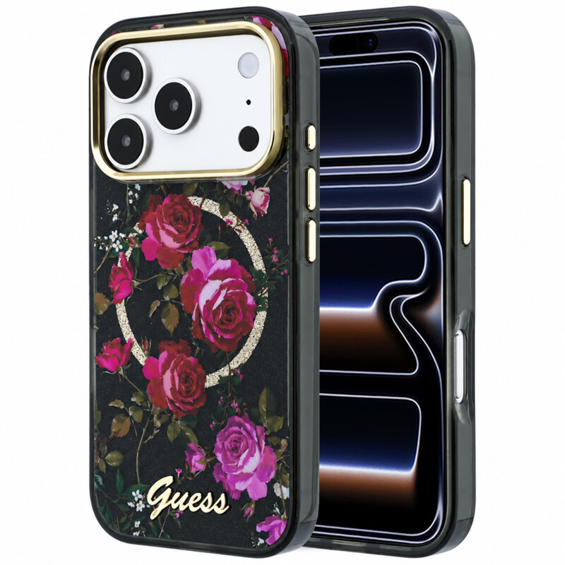 Husa iPhone 17 Pro originala Guess IML Glitter Blossom Roses MagSafe, negru, GUHMP18L6HTBGSLK