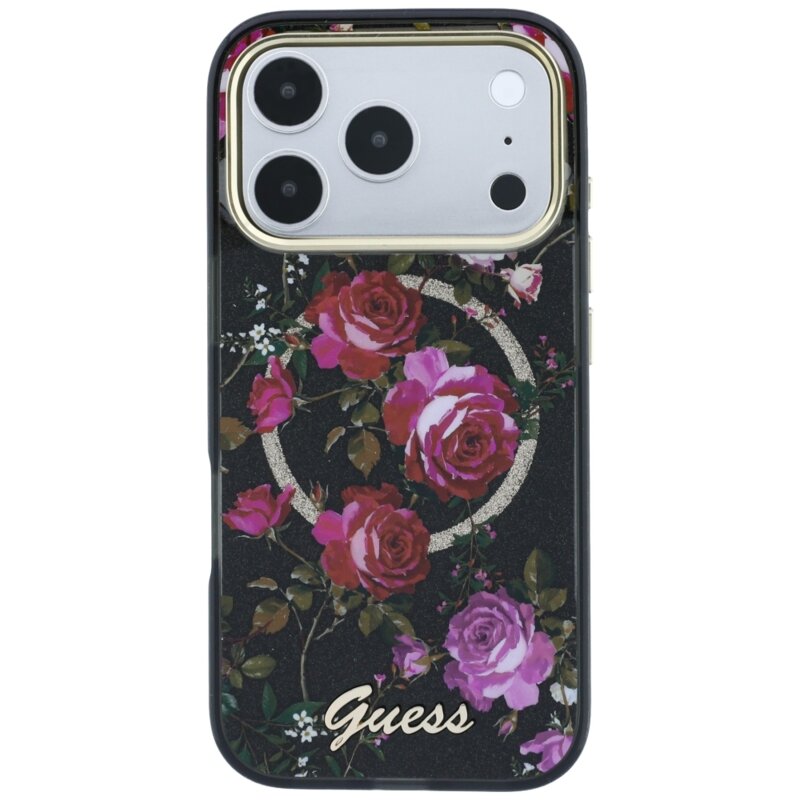 Husa iPhone 17 Pro originala Guess IML Glitter Blossom Roses MagSafe, negru, GUHMP18L6HTBGSLK