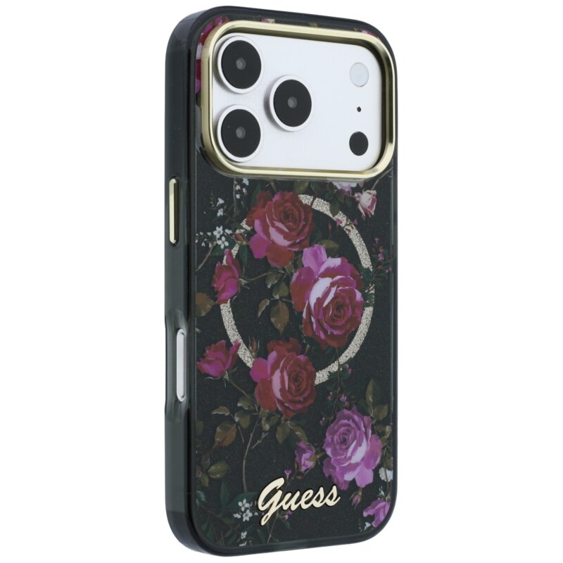 Husa iPhone 17 Pro originala Guess IML Glitter Blossom Roses MagSafe, negru, GUHMP18L6HTBGSLK
