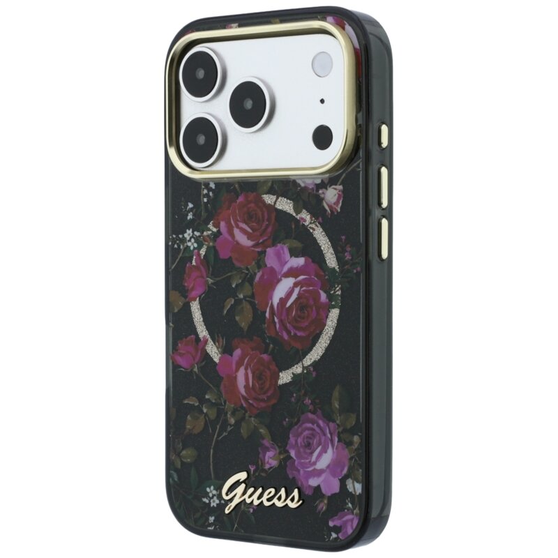 Husa iPhone 17 Pro originala Guess IML Glitter Blossom Roses MagSafe, negru, GUHMP18L6HTBGSLK