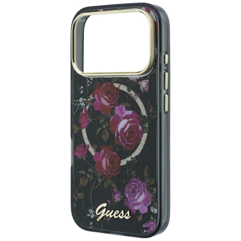 Husa iPhone 17 Pro originala Guess IML Glitter Blossom Roses MagSafe, negru, GUHMP18L6HTBGSLK