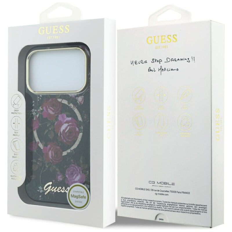 Husa iPhone 17 Pro originala Guess IML Glitter Blossom Roses MagSafe, negru, GUHMP18L6HTBGSLK