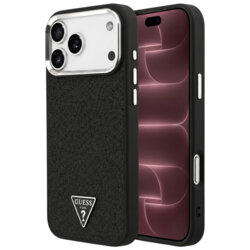 Husa Guess Glitter Triangle Logo MagSafe iPhone 18 Pro Max cu sclipici, negru, GUHMP18XPFGTSCMK