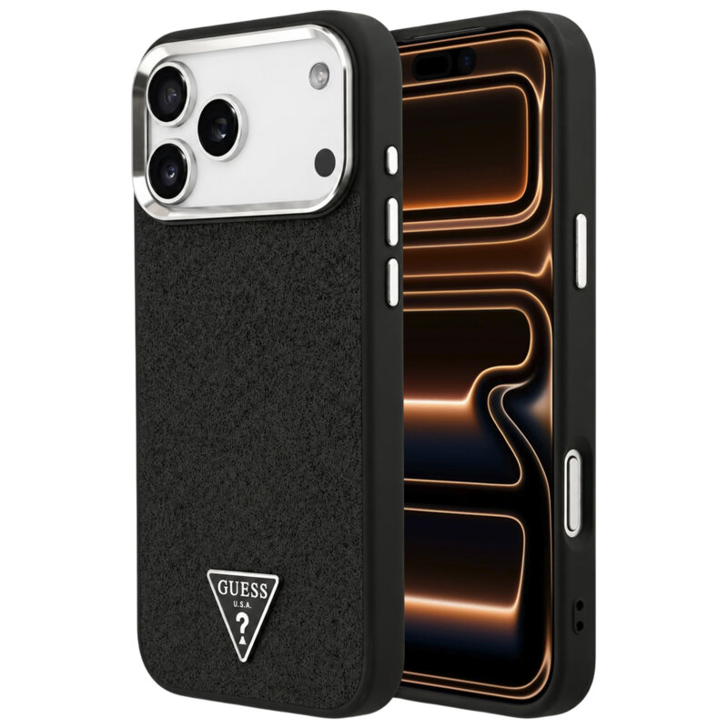 Husa Guess Glitter Triangle Logo MagSafe iPhone 17 Pro Max cu sclipici, negru, GUHMP18XPFGTSCMK