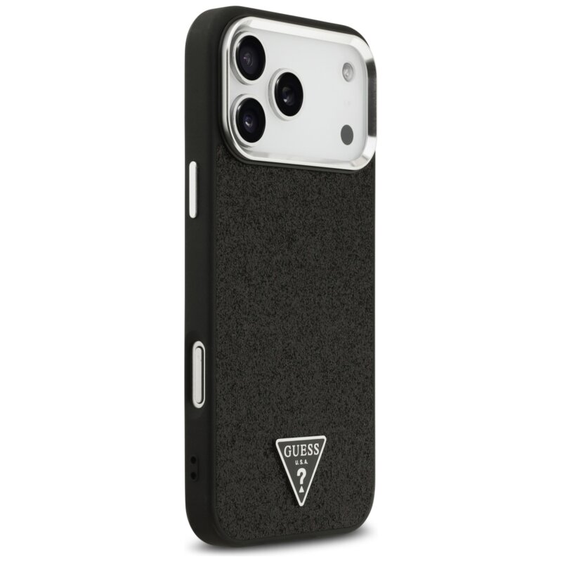 Husa Guess Glitter Triangle Logo MagSafe iPhone 17 Pro Max cu sclipici, negru, GUHMP18XPFGTSCMK