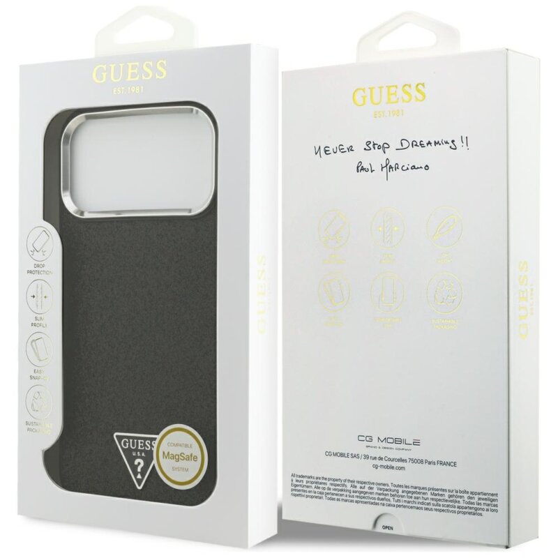 Husa Guess Glitter Triangle Logo MagSafe iPhone 17 Pro Max cu sclipici, negru, GUHMP18XPFGTSCMK