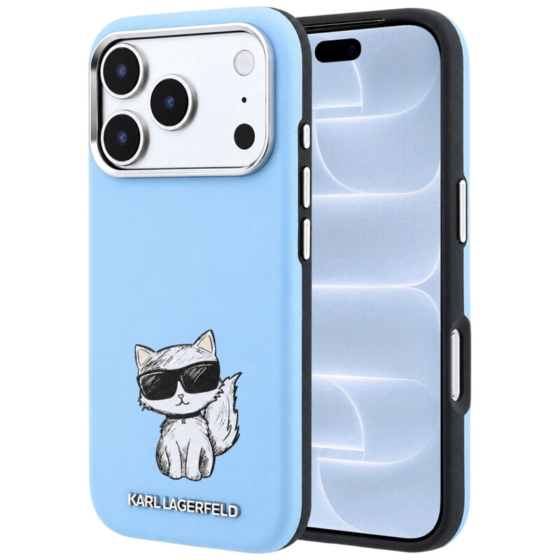 Husa iPhone 18 Pro Karl Lagerfeld Smooth Leather Choupette Sketch MagSafe, bleu