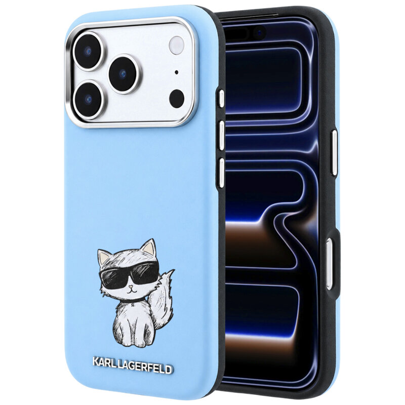 Husa iPhone 17 Pro Karl Lagerfeld Smooth Leather Choupette Sketch MagSafe, bleu, KLHMP18L6PWCIKDB