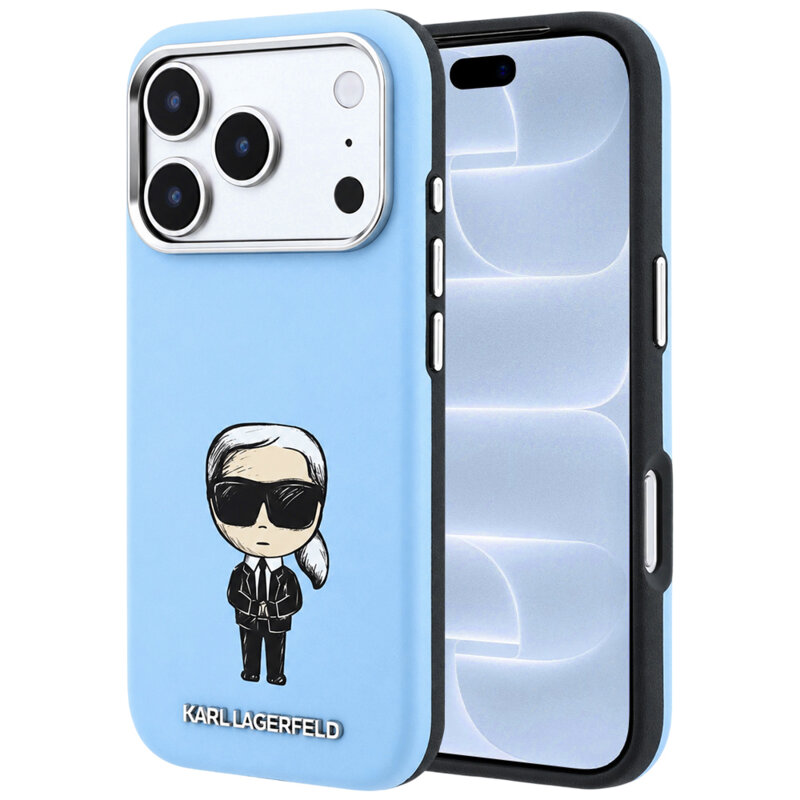 Husa iPhone 18 Pro Karl Lagerfeld Smooth Leather Ikonik Sketch MagSafe, bleu