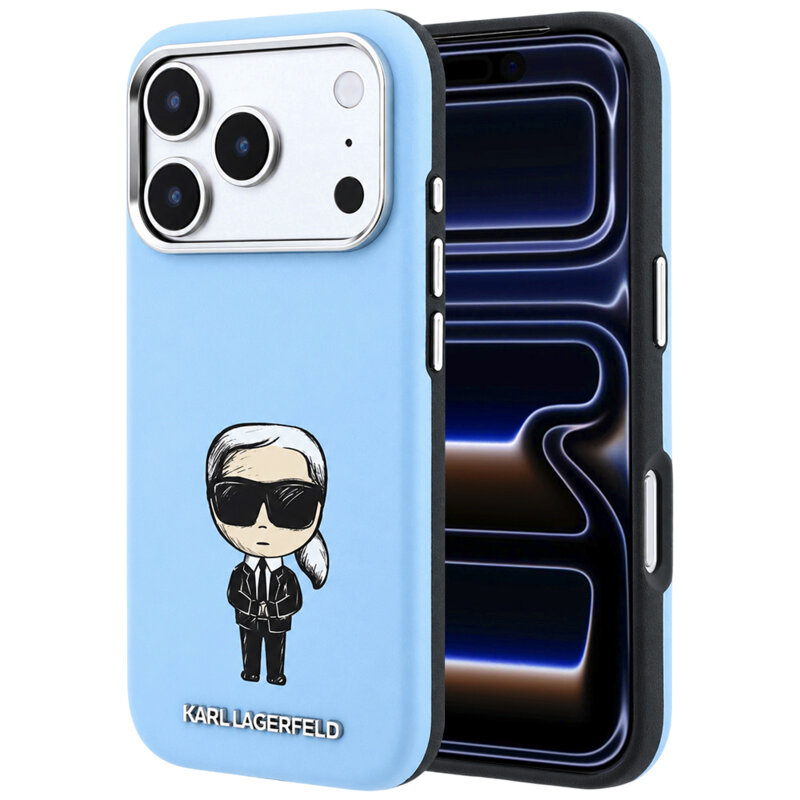 Husa iPhone 17 Pro Karl Lagerfeld Smooth Leather Ikonik Sketch MagSafe, bleu