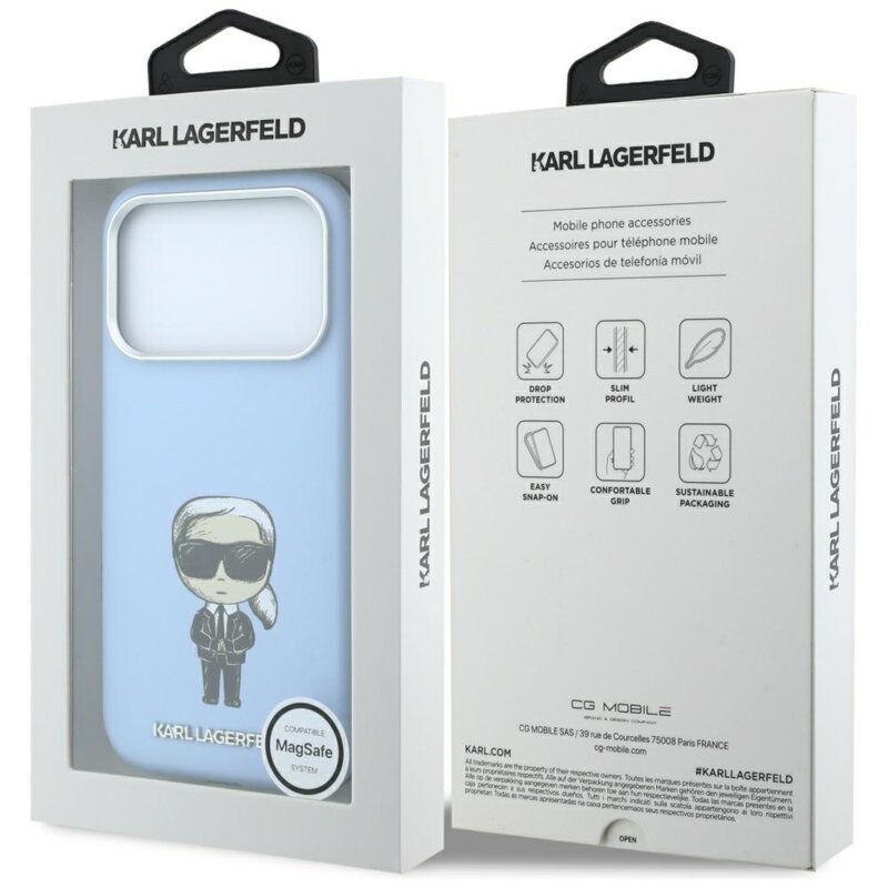 Husa iPhone 17 Pro Karl Lagerfeld Smooth Leather Ikonik Sketch MagSafe, bleu