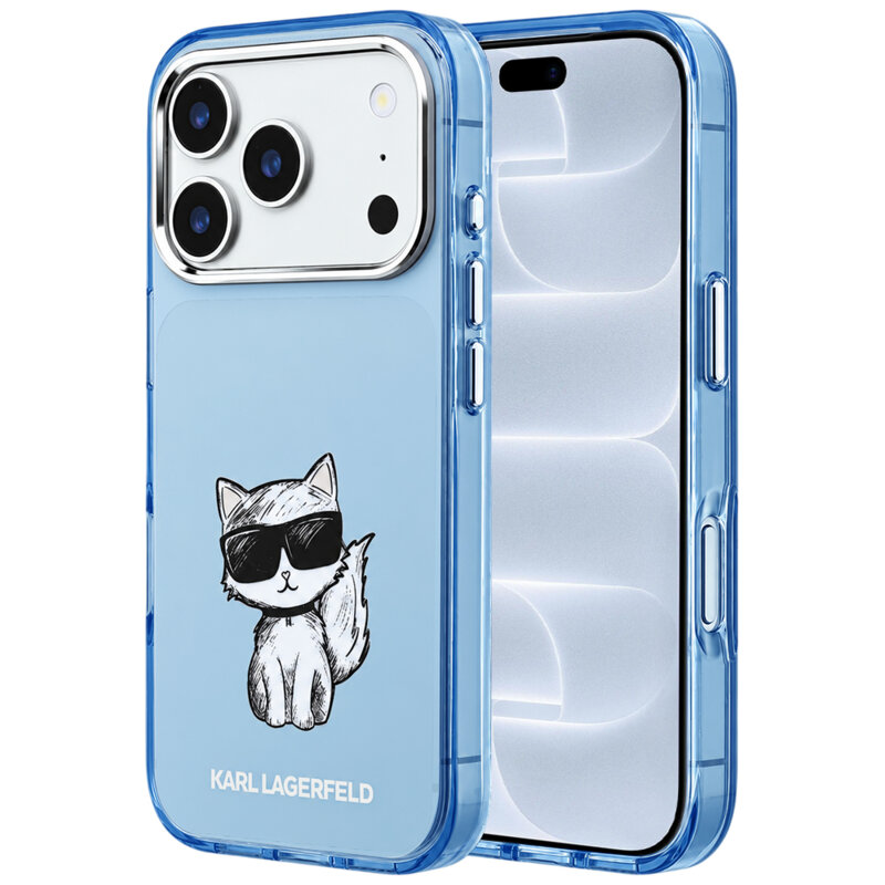 Husa iPhone 18 Pro Karl Lagerfeld IML Choupette Body Sketch Print MagSafe, bleu