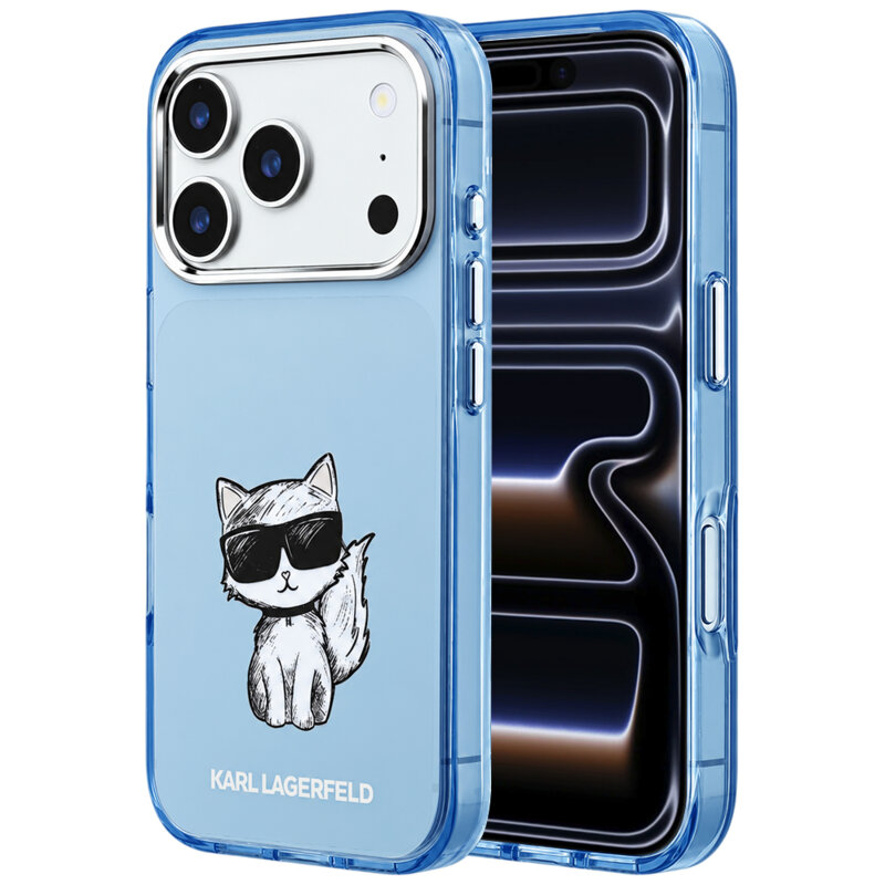 Husa iPhone 17 Pro Karl Lagerfeld IML Choupette Body Sketch Print MagSafe, bleu