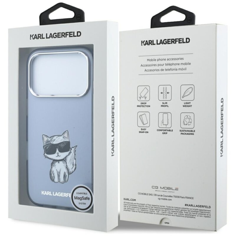 Husa iPhone 17 Pro Karl Lagerfeld IML Choupette Body Sketch Print MagSafe, bleu