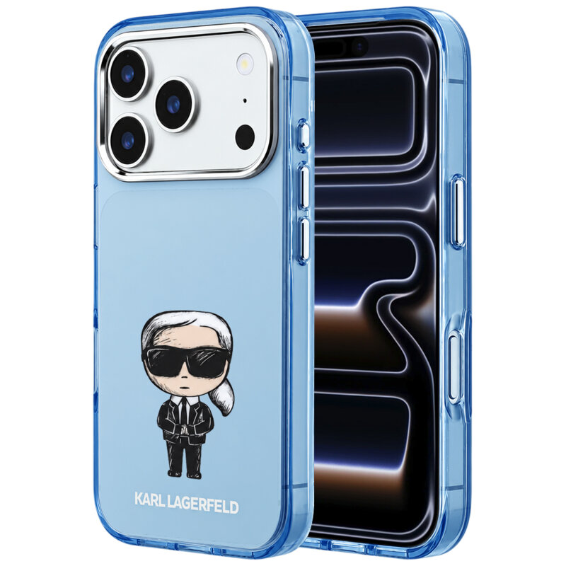 Husa iPhone 17 Pro Karl Lagerfeld HC MagSafe IML Ikonik Sketch Print, bleu
