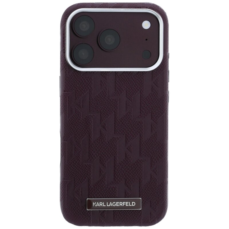 Husa iPhone 17 Pro Karl Lagerfeld Grained Leather Mono Resin Logo MagSafe, bordo, KLHMP18L6PWKLMHR