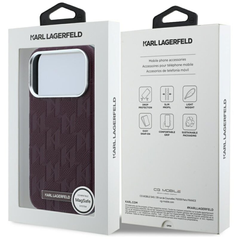 Husa iPhone 17 Pro Karl Lagerfeld Grained Leather Mono Resin Logo MagSafe, bordo, KLHMP18L6PWKLMHR