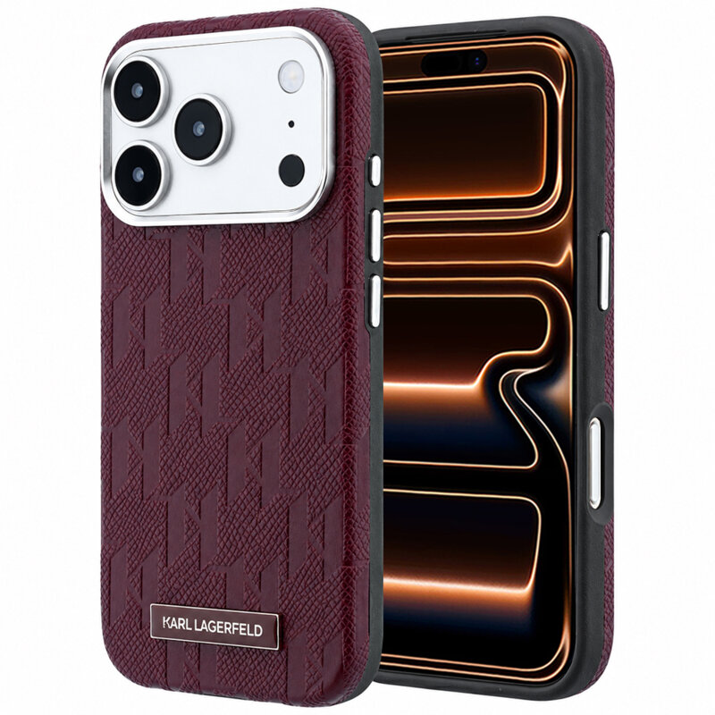 Husa iPhone 17 Pro Max Karl Lagerfeld Grained Leather Mono Resin Logo MagSafe, bordo, KLHMP18X6PWKLMHR