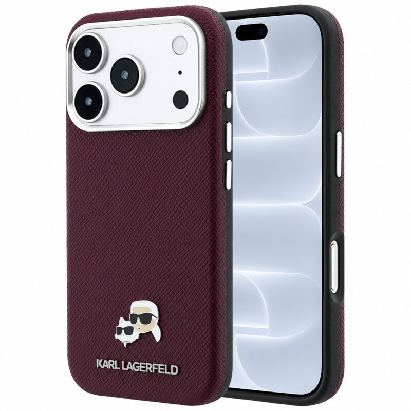 Husa iPhone 18 Pro Karl Lagerfeld Grained Leather KC Heads MagSafe, bordo, KLHMP18L6PSKCHLR