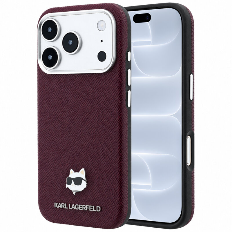 Husa iPhone 18 Pro Karl Lagerfeld Grained Leather Choupette Head MagSafe, bordo, KLHMP18L6PSCHLR