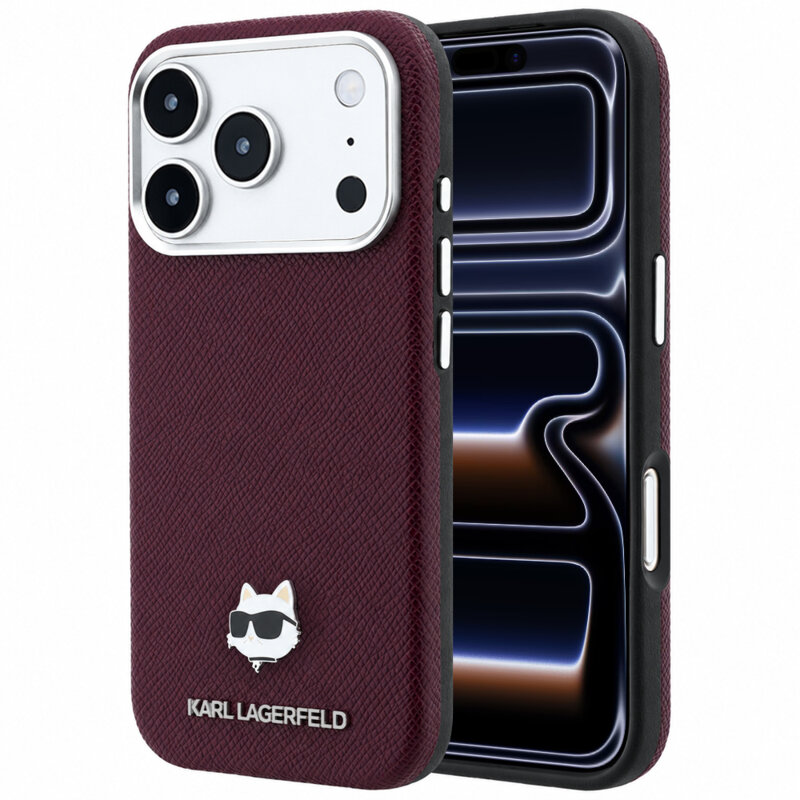 Husa iPhone 17 Pro Karl Lagerfeld Grained Leather Choupette Head MagSafe, bordo, KLHMP18L6PSCHLR