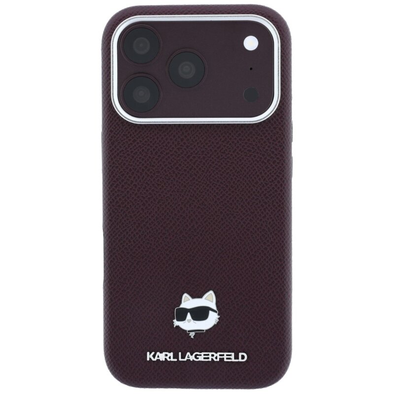 Husa iPhone 17 Pro Karl Lagerfeld Grained Leather Choupette Head MagSafe, bordo, KLHMP18L6PSCHLR