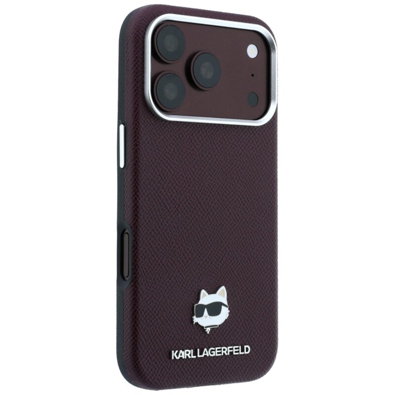 Husa iPhone 17 Pro Karl Lagerfeld Grained Leather Choupette Head MagSafe, bordo, KLHMP18L6PSCHLR