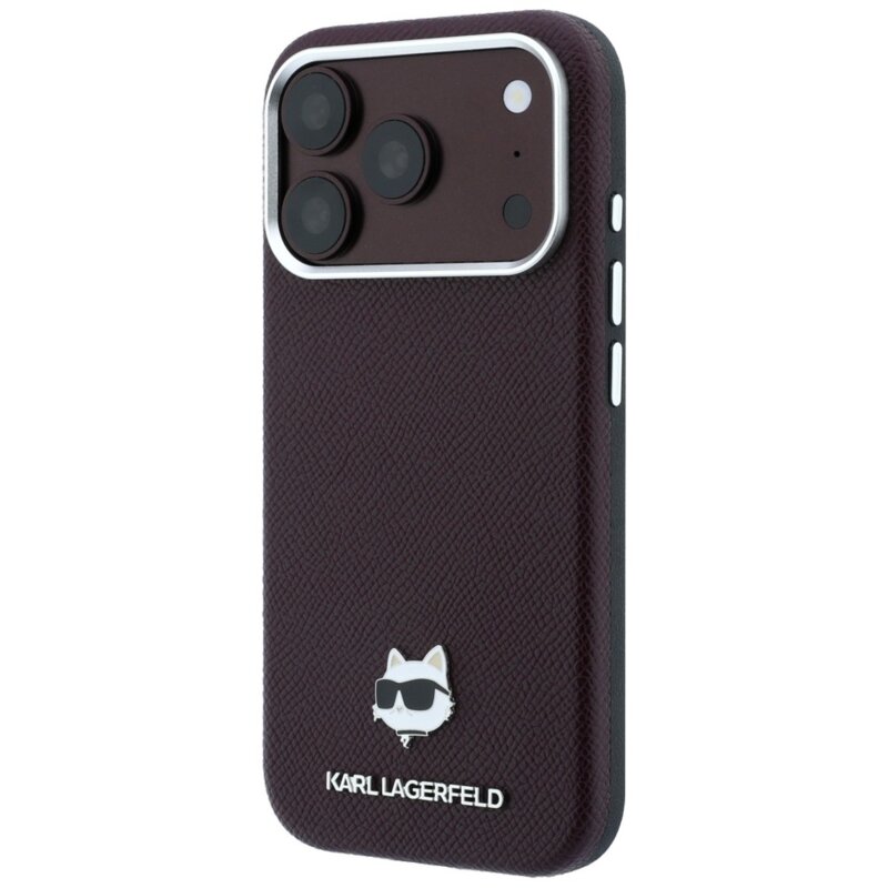 Husa iPhone 17 Pro Karl Lagerfeld Grained Leather Choupette Head MagSafe, bordo, KLHMP18L6PSCHLR