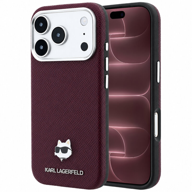 Husa iPhone 18 Pro Max Karl Lagerfeld Grained Leather Choupette Head MagSafe, bordo, KLHMP18X6PSCHLR