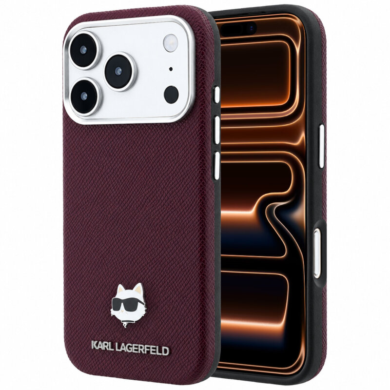 Husa iPhone 17 Pro Max Karl Lagerfeld Grained Leather Choupette Head MagSafe, bordo, KLHMP18X6PSCHLR