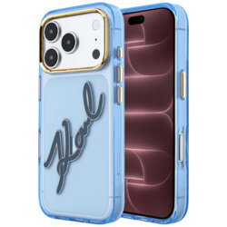 Husa iPhone 18 Pro Max Karl Lagerfeld IML Big Signature Resin Logo and Metal Frame, bleu
