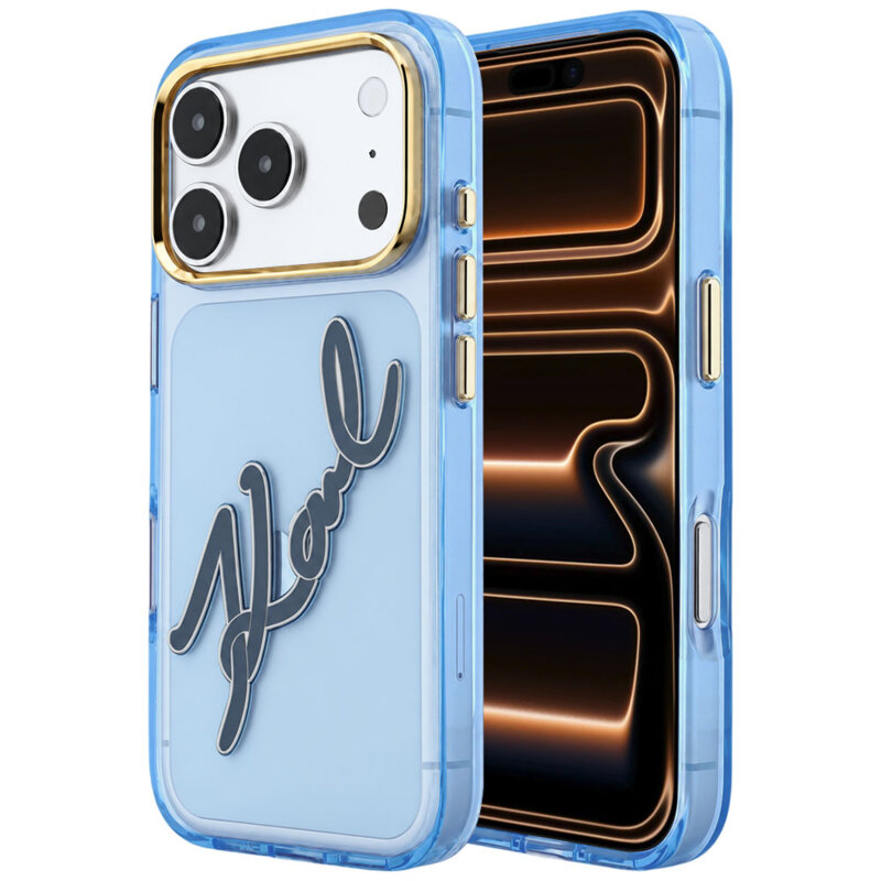 Husa iPhone 17 Pro Max Karl Lagerfeld IML Big Signature Resin Logo and Metal Frame, bleu