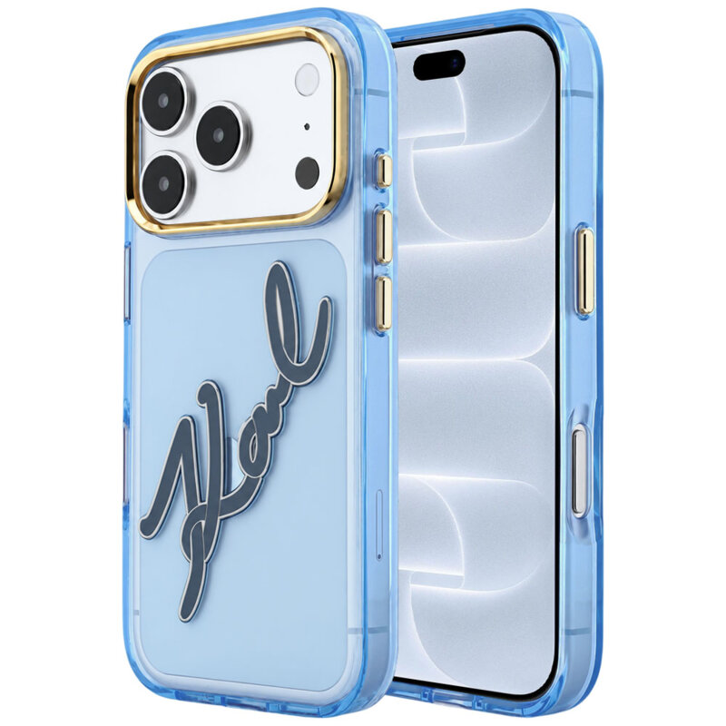 Husa iPhone 18 Pro Karl Lagerfeld IML Big Signature Resin Logo Metal Frame, bleu