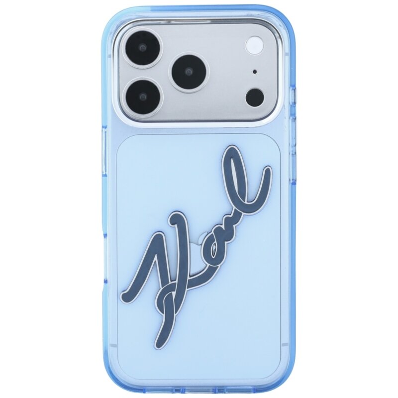 Husa iPhone 17 Pro Karl Lagerfeld IML Big Signature Resin Logo Metal Frame, bleu