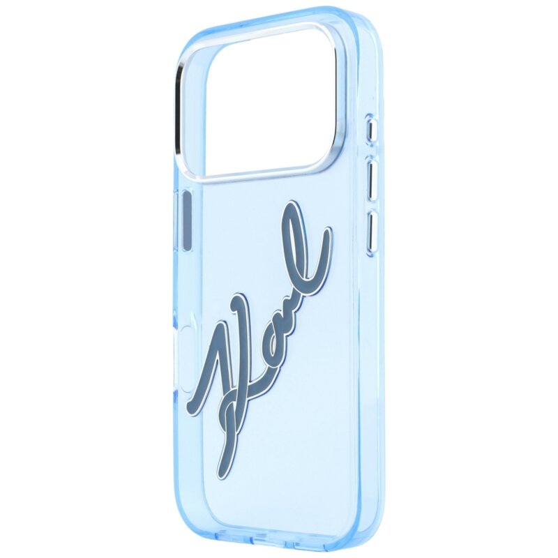 Husa iPhone 17 Pro Karl Lagerfeld IML Big Signature Resin Logo Metal Frame, bleu