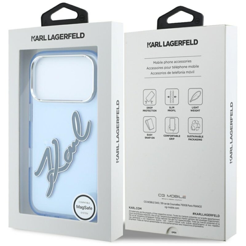 Husa iPhone 17 Pro Karl Lagerfeld IML Big Signature Resin Logo Metal Frame, bleu