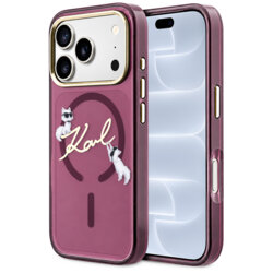 Husa iPhone 18 Pro Karl Lagerfeld IML Choupette and Karl Script Logo MagSafe, bordo
