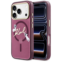 Husa iPhone 17 Pro Karl Lagerfeld IML Choupette and Karl Script Logo MagSafe, bordo
