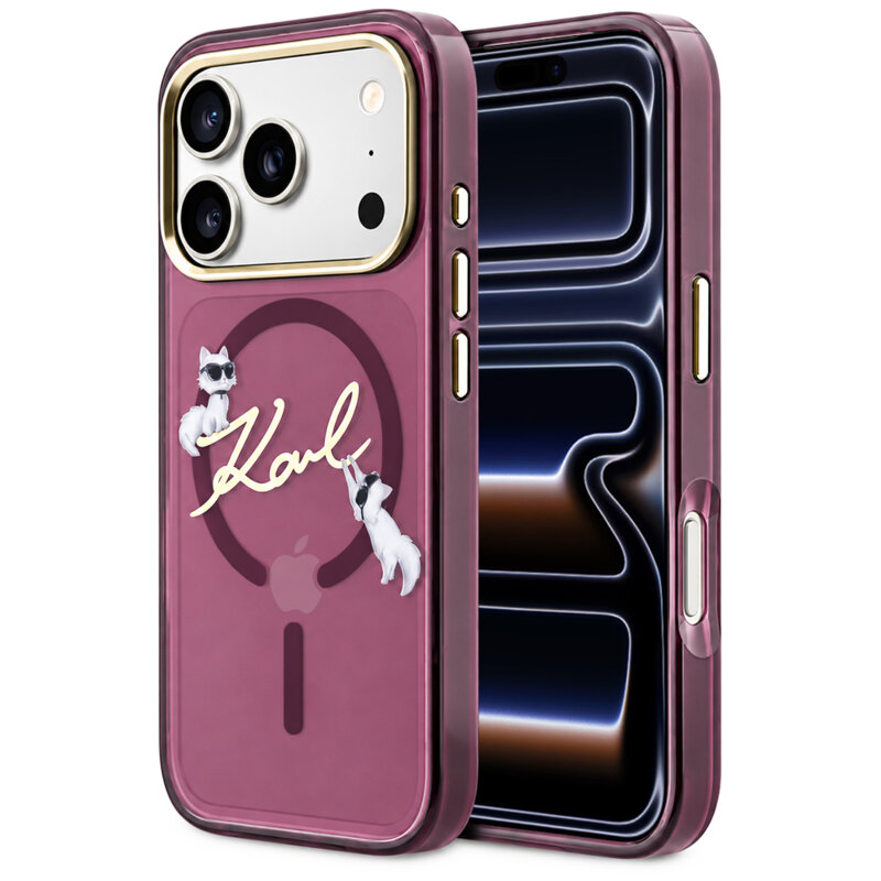Husa iPhone 17 Pro Karl Lagerfeld IML Choupette and Karl Script Logo MagSafe, bordo