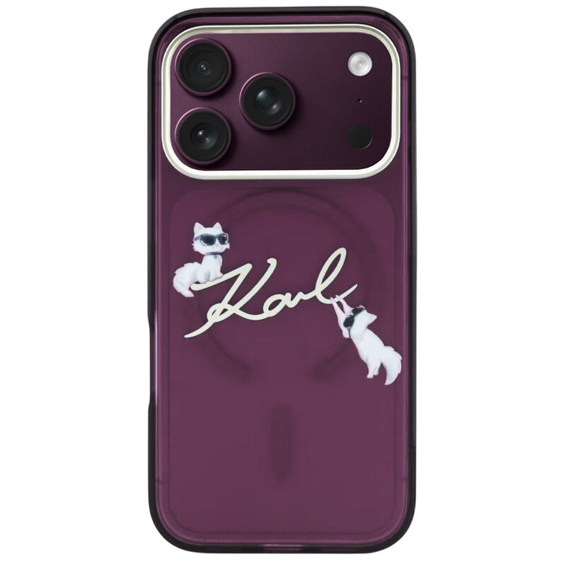 Husa iPhone 17 Pro Karl Lagerfeld IML Choupette and Karl Script Logo MagSafe, bordo